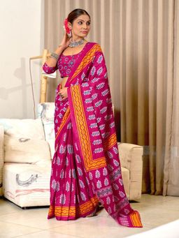 Suha - Pink Hand Block Print Mulmul Cotton Saree with Unstitched Blouse