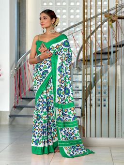 Suha - Green Hand Block Print Mulmul Cotton Saree with Unstitched Blouse