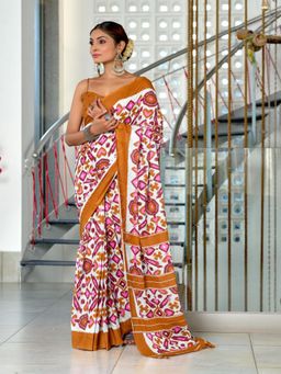 Suha - Orange Hand Block Print Mulmul Cotton Saree with Unstitched Blouse