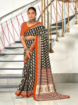 Suha - Black Hand Block Print Mulmul Cotton Saree with Unstitched Blouse