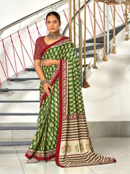 Suha - Green Hand Block Print Mulmul Cotton Saree with Unstitched Blouse