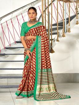 Suha - Maroon Hand Block Print Mulmul Cotton Saree with Unstitched Blouse