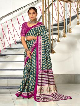 Suha - Teal Hand Block Print Mulmul Cotton Saree with Unstitched Blouse