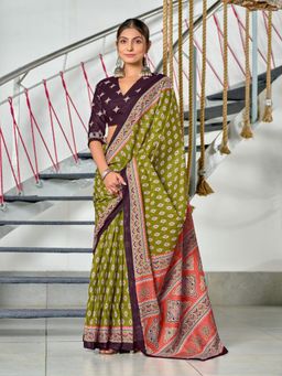 Suha - Olive Hand Block Print Mulmul Cotton Saree with Unstitched Blouse