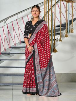Suha - Red Hand Block Print Mulmul Cotton Saree with Unstitched Blouse
