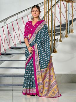 Suha - Teal Hand Block Print Mulmul Cotton Saree with Unstitched Blouse