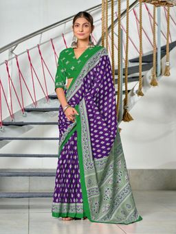 Suha - Purple Hand Block Print Mulmul Cotton Saree with Unstitched Blouse