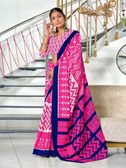 Suha - Pink Hand Block Print Mulmul Cotton Saree with Unstitched Blouse