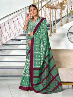 Suha - Green Hand Block Print Mulmul Cotton Saree with Unstitched Blouse