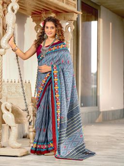 Suha - Blue Hand Block Print Mulmul Cotton Saree with Unstitched Blouse