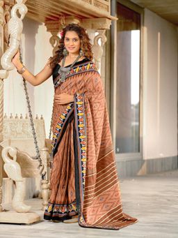 Suha - Brown Hand Block Print Mulmul Cotton Saree with Unstitched Blouse