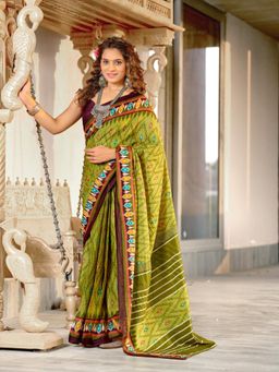 Suha - Olive Hand Block Print Mulmul Cotton Saree with Unstitched Blouse