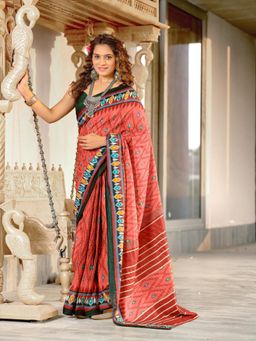 Suha - Peach Hand Block Print Mulmul Cotton Saree with Unstitched Blouse