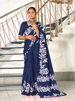 Suha - Blue Hand Block Print Mulmul Cotton Saree with Unstitched Blouse