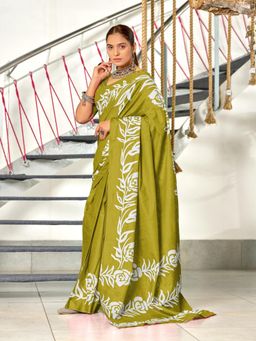 Suha - Olive Hand Block Print Mulmul Cotton Saree with Unstitched Blouse