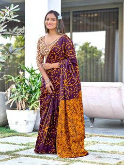 Suha - Purple Hand Block Print Mulmul Cotton Saree with Unstitched Blouse