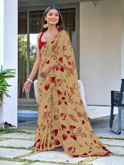 Suha - Beige Hand Block Print Mulmul Cotton Saree with Unstitched Blouse