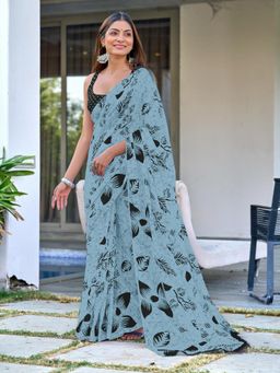 Suha - Blue Hand Block Print Mulmul Cotton Saree with Unstitched Blouse