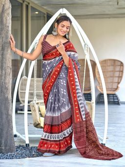 Suha - Grey Ikat Printed Mulmul Cotton Saree with Unstitched Blouse