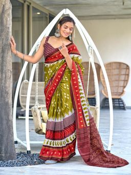 Suha - Olive Ikat Printed Mulmul Cotton Saree with Unstitched Blouse