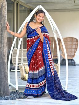 Suha - Maroon Ikat Printed Mulmul Cotton Saree with Unstitched Blouse