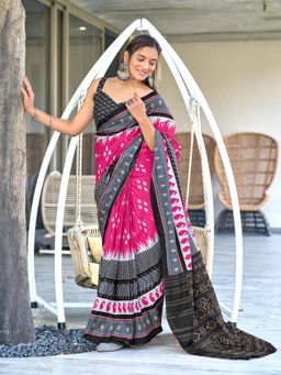 Suha - Pink Ikat Printed Mulmul Cotton Saree with Unstitched Blouse