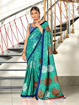 Suha - Green Hand Block Print Mulmul Cotton Saree with Unstitched Blouse