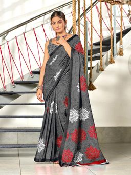 Suha - Grey Hand Block Print Mulmul Cotton Saree with Unstitched Blouse