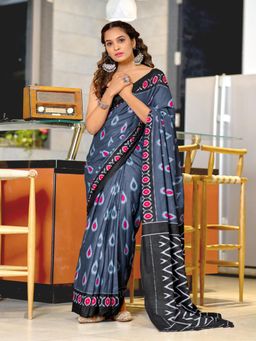 Suha - Grey Hand Block Print Mulmul Cotton Saree with Unstitched Blouse