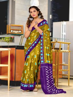 Suha - Olive Hand Block Print Mulmul Cotton Saree with Unstitched Blouse