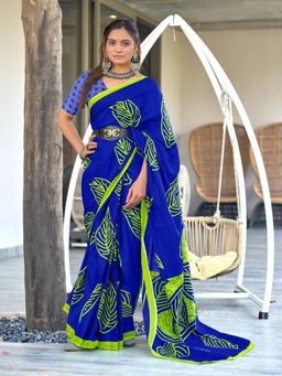 Suha - Blue Hand Block Print Mulmul Cotton Saree with Unstitched Blouse