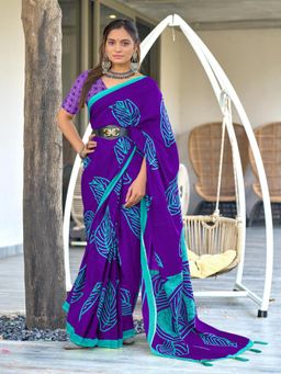 Suha - Purple Hand Block Print Mulmul Cotton Saree with Unstitched Blouse