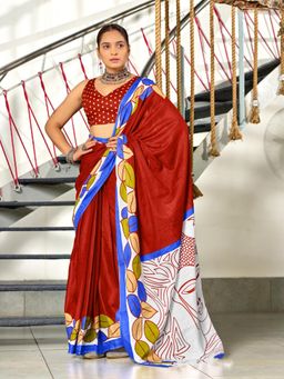 Suha - Red Hand Block Print Mulmul Cotton Saree with Unstitched Blouse