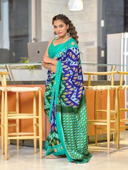 Suha - Blue Hand Block Print Mulmul Cotton Saree with Unstitched Blouse