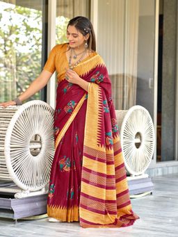 Suha - Red Hand Block Print Mulmul Cotton Saree with Unstitched Blouse