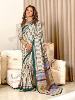 Suha - Teal Hand Block Print Mulmul Cotton Saree with Unstitched Blouse