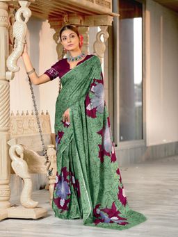Suha - Green Hand Block Print Mulmul Cotton Saree with Unstitched Blouse