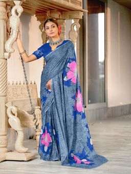 Suha - Grey Hand Block Print Mulmul Cotton Saree with Unstitched Blouse