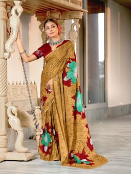 Suha - Brown Hand Block Print Mulmul Cotton Saree with Unstitched Blouse