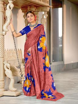 Suha - Peach Hand Block Print Mulmul Cotton Saree with Unstitched Blouse