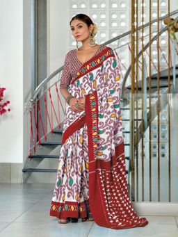 Suha - Maroon Hand Block Print Mulmul Cotton Saree with Unstitched Blouse