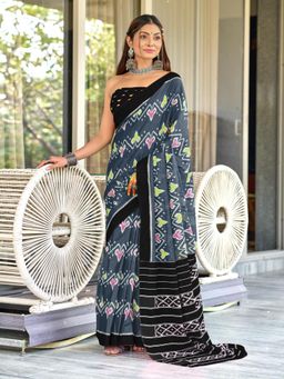 Suha - Grey Hand Block Print Mulmul Cotton Saree with Unstitched Blouse