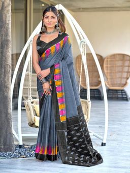 Suha - Grey Hand Block Print Mulmul Cotton Saree with Unstitched Blouse