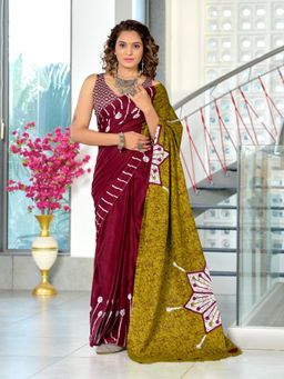 Suha - Maroon Hand Block Print Mulmul Cotton Saree with Unstitched Blouse