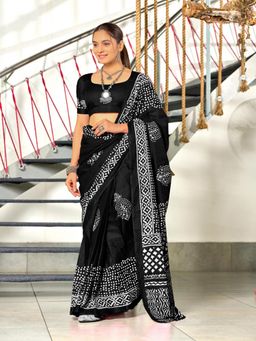 Suha - Black Batik Block Print Mulmul Cotton Saree with Unstitched Blouse