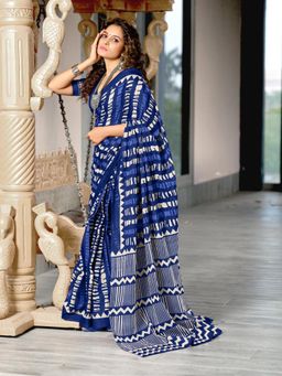 Suha - Blue Bagru Block Print Mulmul Cotton Saree with Unstitched Blouse