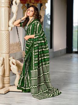 Suha - Green Bagru Block Print Mulmul Cotton Saree with Unstitched Blouse