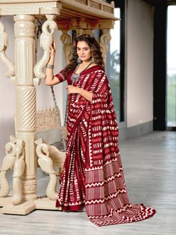 Suha - Maroon Bagru Block Print Mulmul Cotton Saree with Unstitched Blouse
