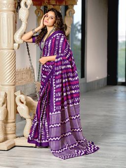 Suha - Purple Bagru Block Print Mulmul Cotton Saree with Unstitched Blouse