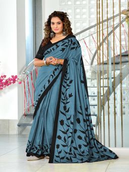 Suha - Grey Hand Block Print Mulmul Cotton Saree with Unstitched Blouse